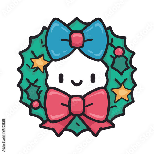 A cheerful cartoon character peeks out from a decorative holiday wreath. The wreath features vibrant green leaves, red berries, and a large orange bow. Snowflakes softly fall in the background.