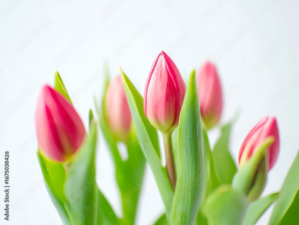 Obraz premium Softly focused pink tulip blooms point upwards amongst vibrant green leaves on a light background