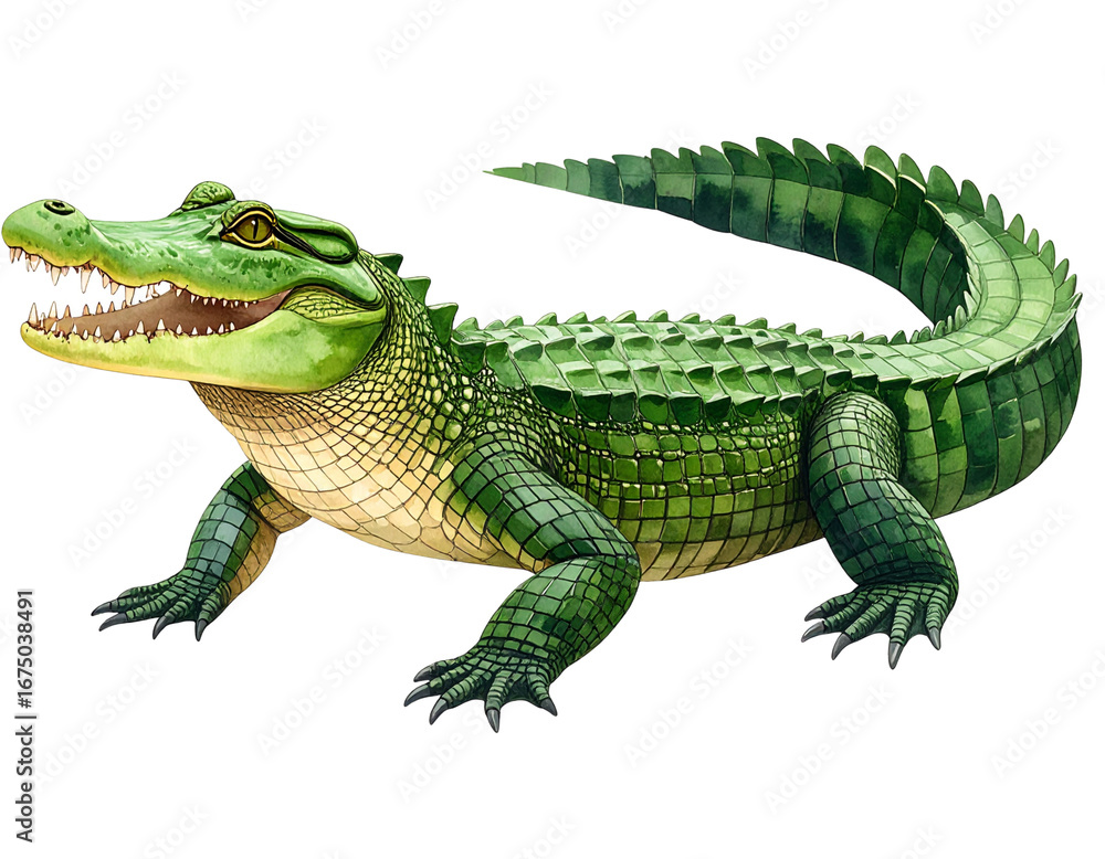 Fototapeta premium Watercolor Crocodile Side Profile with Textured Green Scales, Artistic PNG, transparent