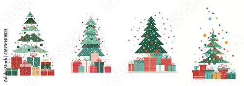 Four stylized Christmas trees decorated with ornaments stand alongside colorful gift boxes. The warm holiday spirit is conveyed through cheerful colors and playful designs.
