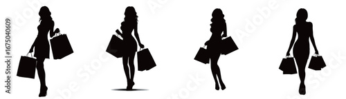 Silhouettes of four women engaged in shopping activities, each holding multiple bags. This visual captures a lively urban atmosphere, emphasizing fashion and leisure.