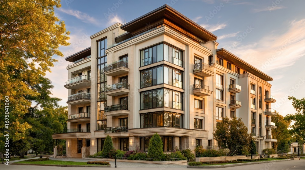 Fototapeta premium Elegant Apartment Building at Sunset