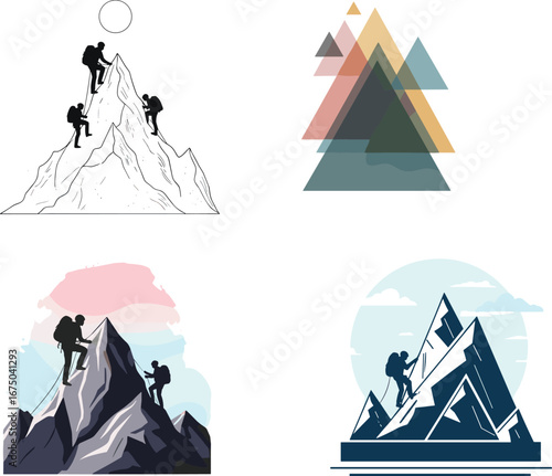 Mountain climbers reaching summit, teamwork adventure, success achievement concept, outdoor hiking, mountaineering journey, exploration challenge, goal pursuit, nature inspiration