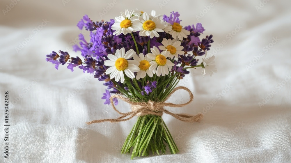 Obraz premium Charming Bouquet of Lavender and Daisies on Soft White Background