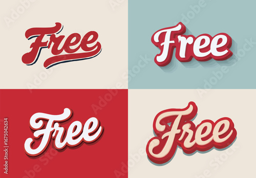 Four distinct designs of the word free are displayed in different styles and colors. Each design features a unique font and contrasting background, emphasizing creativity in typography.