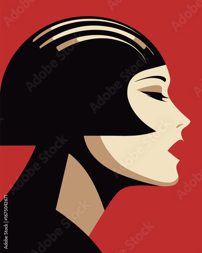 A striking side profile of a woman featuring an elegant bob hairstyle and bold makeup. The simplified design emphasizes strong lines and vibrant colors, capturing a retro aesthetic.