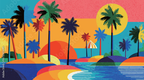 A lively tropical landscape showcases a myriad of palm trees under a colorful sunset. The sky features vivid oranges, pinks, and blues while the gentle water reflects the scenery.
