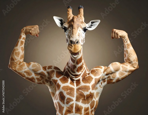 A comical portrayal: Giraffe flexing muscular arms in a bizarre and humorous art