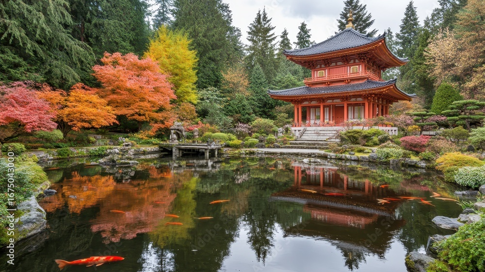 Fototapeta premium Serene Japanese Garden with Colorful Foliage and Tranquil Pond