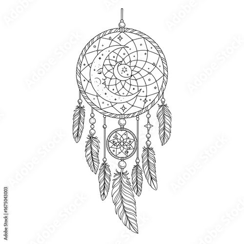 Intricate Native American Style Dreamcatcher with Feathers and Celestial Motifs