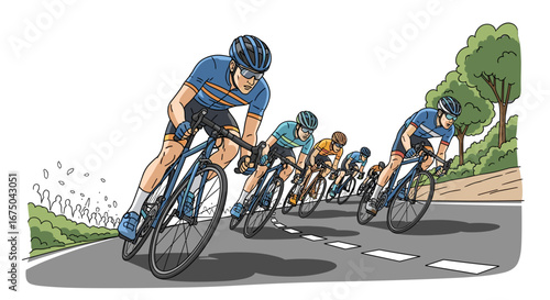 Professional Cyclists Competing in a Road Race on a Winding Path