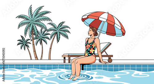 Woman relaxes by the swimming pool under a colorful umbrella with palm trees in the background