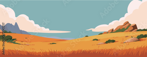 Expansive field of golden grass stretches under a clear blue sky, dotted with rocks and gentle hills in the background. The scene conveys the tranquility of nature during midday light.