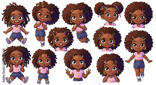 Cute Animated Black Girl Chibi Character Collection With Various Hairstyles and Expressions
