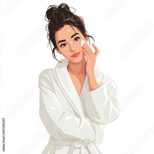 A woman with a serene expression touches her cheek gently while wearing a bathrobe. Soft lighting highlights her natural beauty, creating a peaceful atmosphere perfect for self-care.