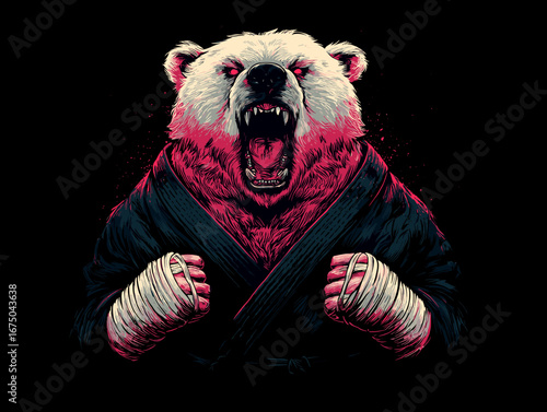 Fierce Polar Bear Fighter Ready for Combat in Martial Arts Gi and Wrapped Fists