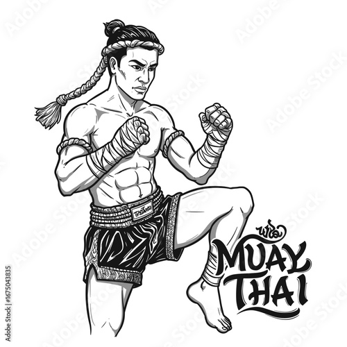 Powerful Muay Thai Fighter Demonstrates Knee Strike Technique in Dynamic Pose