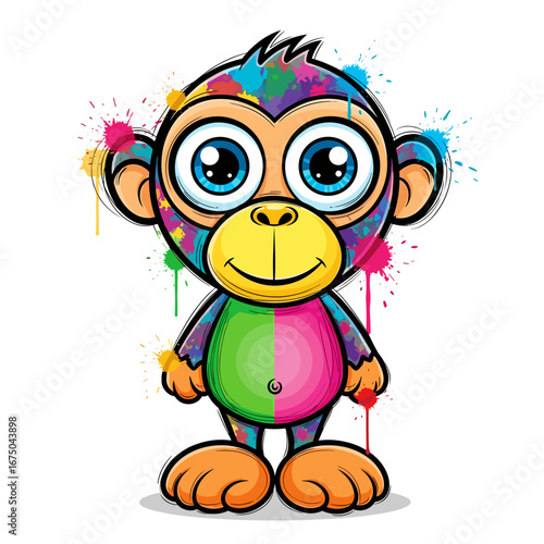 Vibrant Splatter Paint Cute Baby Monkey Character Art