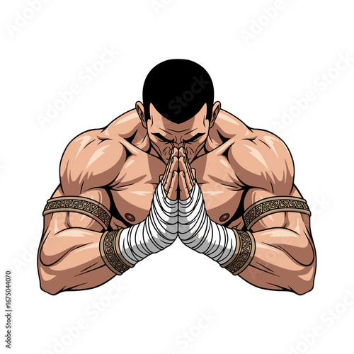 Powerful Warrior in Respectful Prayer Before Fierce Combat and Training