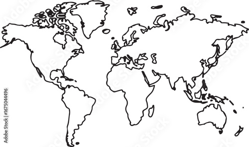Blank World Map Vector Drawing Black and White Outline Hand-Drawn Global Contour Illustration