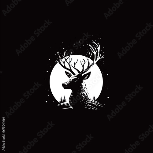 A striking silhouette of a deer stands tall in front of a full moon, framed by a dense forest. This serene setting captures the essence of wildlife and natural landscapes.