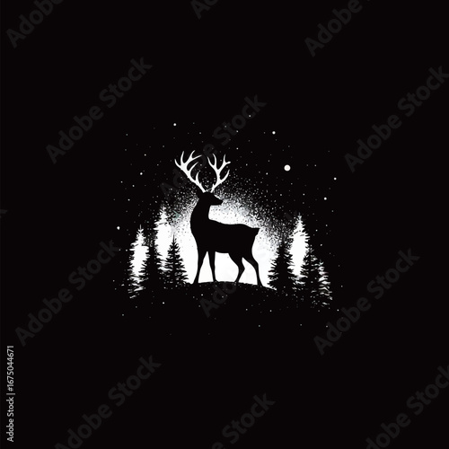 A striking silhouette of a deer stands tall in front of a full moon, framed by a dense forest. This serene setting captures the essence of wildlife and natural landscapes.