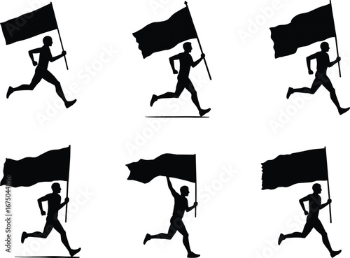 Silhouette of a person running with a large waving flag, motion, action, freedom, protest, celebration, sports, activism, outdoor.