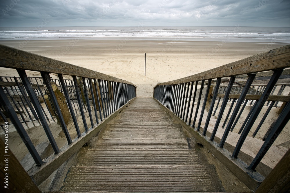 Obraz premium Wooden Stairs Leading To Beach On Cloudy Day