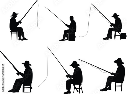 Silhouettes of people fishing with rods, sitting and casting lines, outdoor fishing activity, recreational fishing, nature hobby, fishing relaxation.