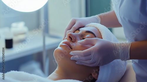 In the beauty salon, the beautician, wearing white gloves, is giving a facial treatment to a lady. The lady has her eyes closed. The environment is bright, with beauty products placed around, and the 