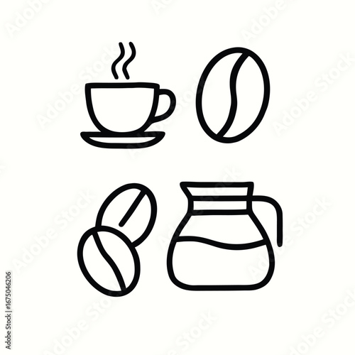 Coffee Cup, Beans, and Pot Icon Set Vector Illustration