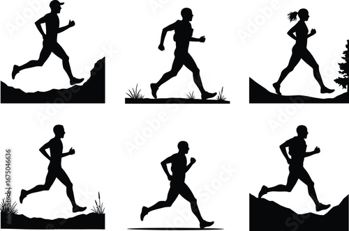 Silhouette of people running outdoors, trail running, fitness, endurance, jogging, nature exercise, healthy lifestyle, active workout, men and women running.