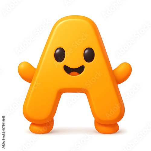A cheerful orange 3D letter "A" character with cute facial features and raised arms stands against a white background.