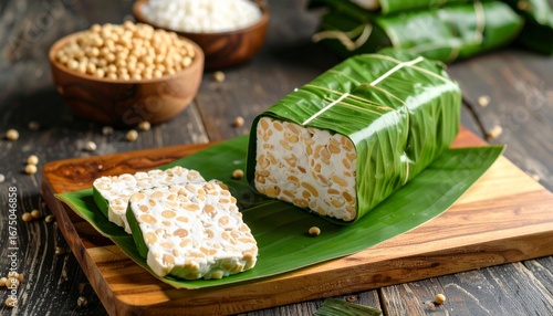 Tempeh, a traditional Indonesian food made from fermented soybeans wrapped in banana leaves.