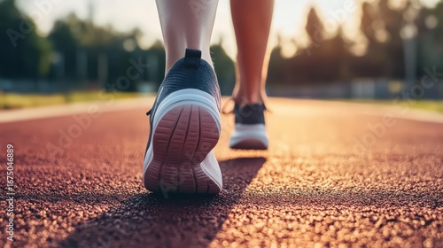 Close-up view of athletic shoes on a red running track, representing the first step on a journey to health and fitness at sunrise