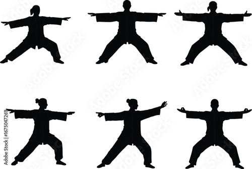 Silhouette of martial arts practitioners in tai chi poses, black and white design, practicing balance, flexibility, and mindfulness outdoors.