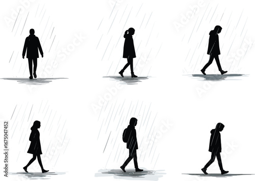 Silhouettes of people walking in rain, rainy day mood, solitude and emotion, wet weather concept, sadness, reflection, umbrella absence
