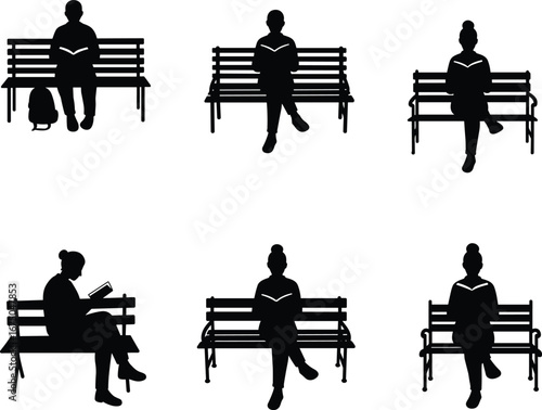 Silhouette of people reading on park benches, outdoor relaxation, learning and leisure, quiet time, knowledge, education, peaceful environment, diverse readers