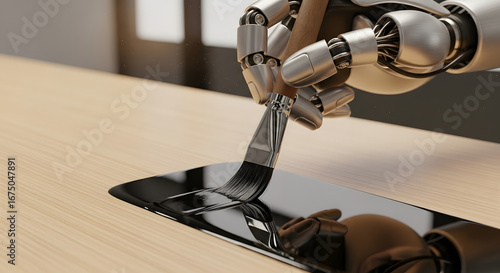 A metallic robotic arm precisely applies a brushstroke of dark liquid onto a sleek smartphone screen resting on a wooden desk.