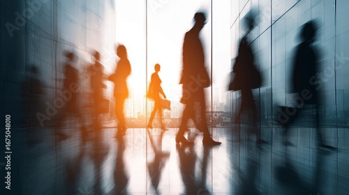 Blurred silhouettes of businesspeople walking in bright modern office hallway with motion blur effect, professional corporate setting with soft lighting and abstract bokeh background depicting teamwor