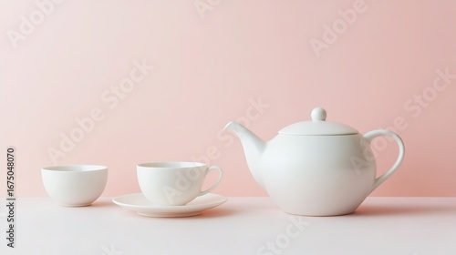 Wallpaper Mural Elegant White Tea Set with Teapot, Cup and Bowl Against Light Pink Background Torontodigital.ca