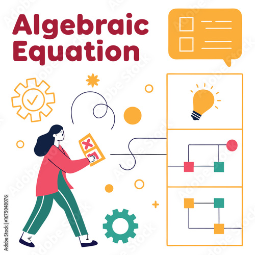 Algebraic Equation Exploration: An illustrated depiction of a person holding a complex mathematical concept, accompanied by gears, symbols, and a lightbulb.