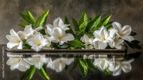 Elegant Arrangement of White Flowers and Green Leaves on Surface