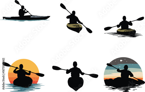 Kayaker silhouette paddling, kayaking on water, outdoor adventure sport, canoeing activity, sunset and night background, water sport, nature exploration