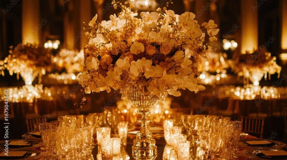 Obraz premium Elegant floral arrangement in a luxurious banquet hall setting