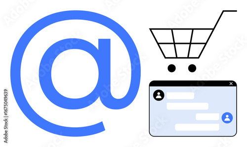 Blue email symbol, shopping cart icon, and chat window highlighting online shopping, communication, and customer support. Ideal for e-commerce, marketing, tech tools, customer service digital
