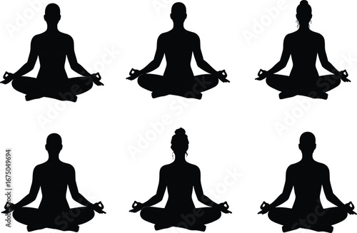 Silhouette of diverse people meditating in lotus pose, mindfulness, yoga practice, mental peace, relaxation, spiritual wellness, calm, meditation, inner balance, healthy lifestyle.