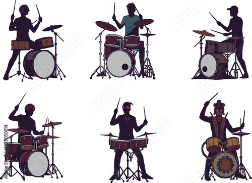 Drummers playing drum kits, silhouette musicians, percussion performance, live music, rhythm, concert, band practice, musical