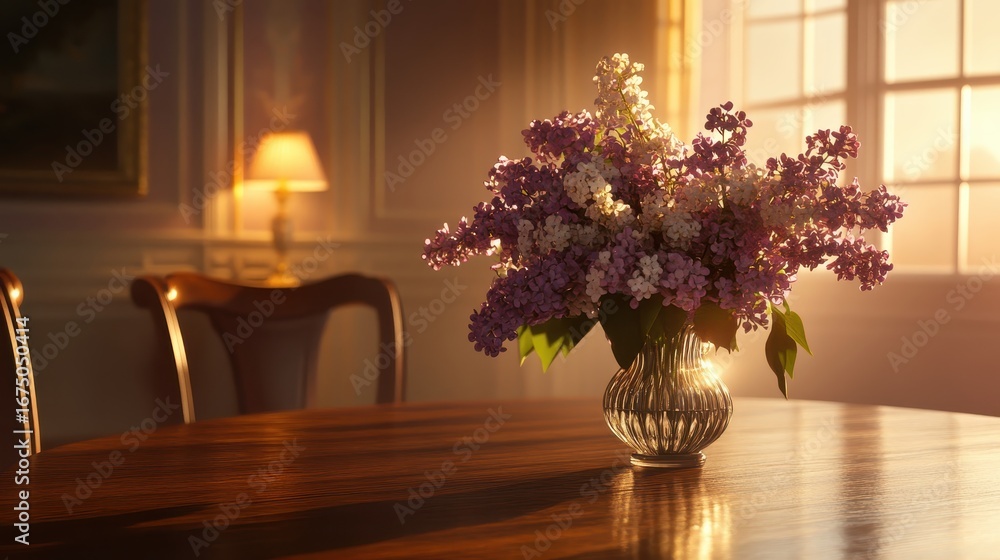 Fototapeta premium Elegant Floral Arrangement with Lilacs and Sunlight in Room