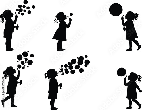 Silhouette of young girls blowing soap bubbles, playful children outdoors, childhood fun activity, joyful kids with bubbles, carefree moments of happiness, black and white vector illustration